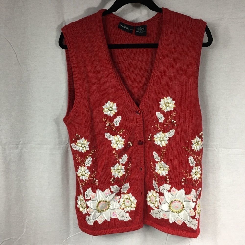 Pointsetta Christmas vest Large red embellished & embroidered.  Sleevele…